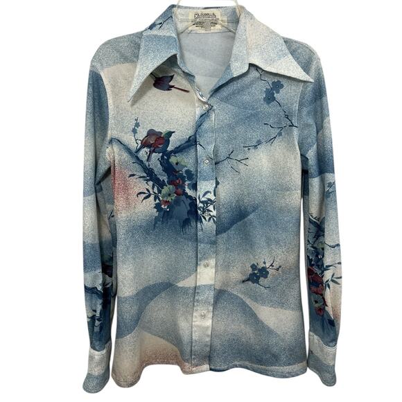 Loubella Extendables Tops - Vtg Blouse Loubella Extendables Floral Dagger Collar Polyester 70s Bird Small
